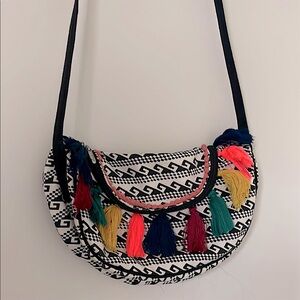 Black & white Boho Chic Crossbody Bag with Multicolor Tassels